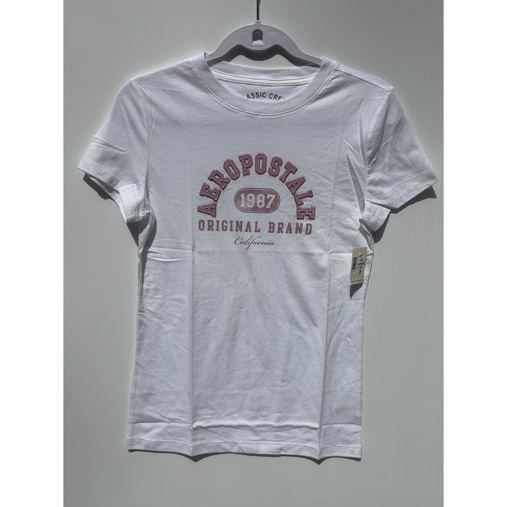 Aeropostale Womens Graphic T Shirt Medium‎ White Pink Logo Classic Crew Tee Y2K